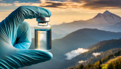 Hand in medical glove holds a vaccine vial, symbolizing hope and protection against infectious diseases