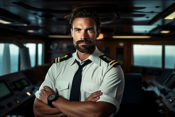 Obraz premium Generative AI photo of handsome confident man ship captain on a liner in the sea