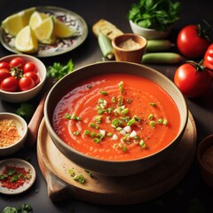 Andalusian gazpacho. Red tomato cold gazpacho soup in glass, with cucumber, onion, and basil.
