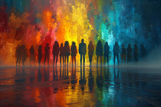 Silhouettes of people against a vibrant, colorful, abstract background