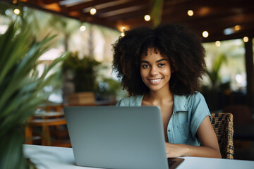 Generative AI technology picture of chilling nomad person sitting near seaside beach pool cafeteria working remotely with laptop