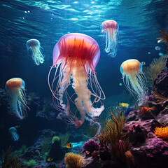 Colorful underwater jellyfish scene.