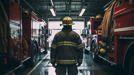Brave fire fighter in fire department gear, seen from behind - obrazy, fototapety, plakaty