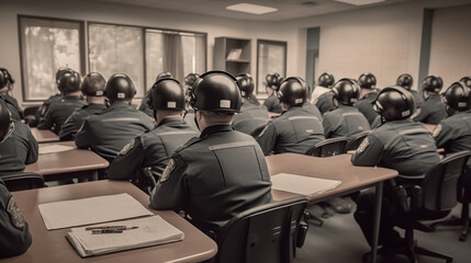 Police officers in rigorous training at the academy concept, view from behind