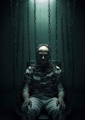Fototapeta na wymiar A man wrapped in chains, trapped and depressed.