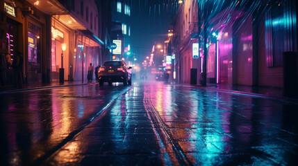 Fototapeta na wymiar Background of wet asphalt with neon light. Night Street background, night lights, reflection.