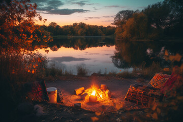 Bonfire by the lakeside in the autumn evening