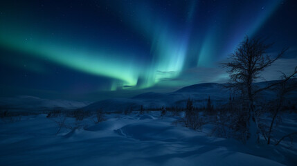 North light in winter mountains. Sky with polar light