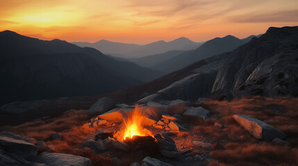 Warm Camp Fire on top of a mountain in background during a colorful Sunset