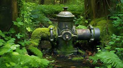 Fototapeta premium A water attachment for fire fighters at the base of a river in the forest