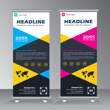 roll up banner template for business, vertical banner template, abstract vector, abstract geometric standee banner, modern x-banner and pull up, vertical banner with blue, pink and yellow,