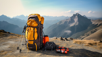 Tourist backpack on the background of mountains - obrazy, fototapety, plakaty