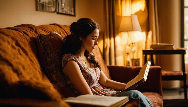 Young lady sitting on the couch at home looking at her photo album. A cozy home environment