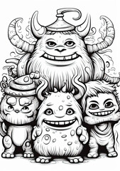 Naklejka premium Happy fun monsters black and white coloring page.