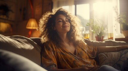 Fototapeta premium Woman sitting, resting and relaxing on the couch. Female model with long hair in living room | Generative AI