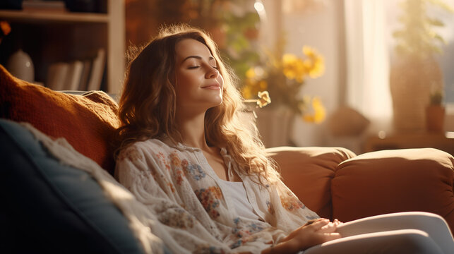 Woman sitting, resting and relaxing on the couch. Female model with long hair in living room | Generative AI