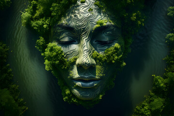 Obraz premium A woman in the middle of the green forest represents Mother Nature to indicate love of nature, preserving the environment, 