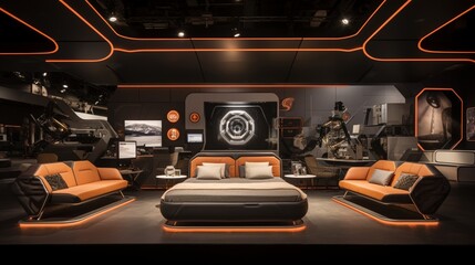 Naklejka premium A Futuristic-Themed Bedroom with Sleek Metallic Elegance - AI Generative