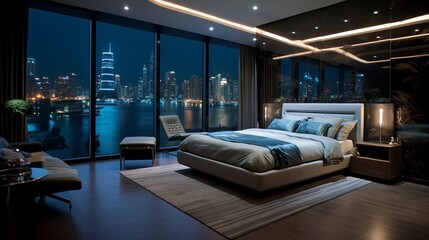 A Futuristic-Themed Bedroom with Sleek Metallic Elegance - AI Generative