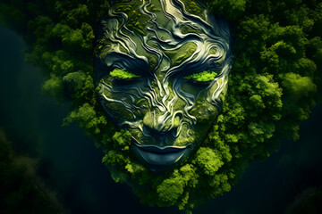 A woman in the middle of the green forest represents Mother Nature to indicate love of nature, preserving the environment, 
