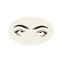 Female eyes icon with eye brows. Illustration of woman's sexy luxurious eye with perfectly shaped eyebrows and full lashes. Hand-drawn Idea for business visit card, typography vector.