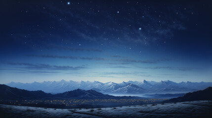 Starry Serenity Over a Moonless Sky with Winter Mountain Horizon Realistic Landscape in Soft Tonal Colors of Silver and Dark Blue Wallpaper Background
