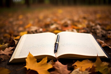 Naklejka na ściany i meble autumn leaves on the book. Generative Ai