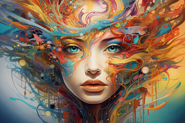 Surreal Portrait of Ethereal Woman Amidst a Whirlwind of Vivid Colors Dreamy Fusion of Realistic and Fantastical Elements Vibrant Realism with Mystic Mechanisms Wallpaper Background