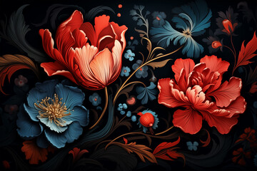 Vintage Botanical Garden Exquisite Floral Bunch Fantasy Illustration Vibrant Crimson and Indigo Florals for Elegant Digital Wallpaper Background