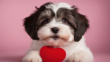 puppy with red heart lover havanese puppy dog holding red heart  