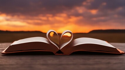 open book on the background A book page folded into a heart shape on a sunset background. The book page has some words and letters 