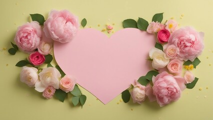 pink rose frame A pastel background with pink flowers and a paper heart. The background is yellow and green  