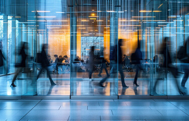 Motion blur business people in an office with glass partitions