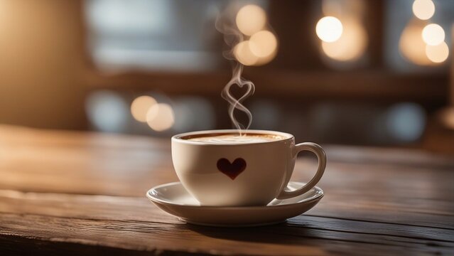cup of coffee on wooden table coffee cup with heart shaped steam on rustic wood 
