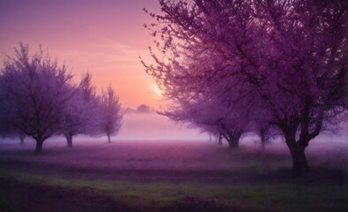 Fototapeta na wymiar Purple Cherry Blossom Trees in Misty Spring Orchard at Sunset