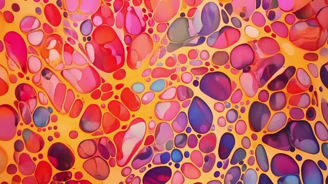 An abstract painting of intertwining patterns and shapes, inspired by the choreographed movements of cells during organogenesis and their ultimate creation of functional .