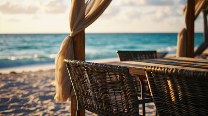 Fototapeta premium Beach gazebo with tables and chairs for dining.