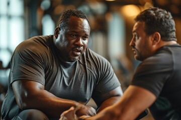 Male fitness instructor taking care of a fat man exercising at the gym.