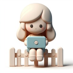 Happy Girl with a Laptop Sitting on a Fence. 3D Cartoon Clay Illustration on a light background.