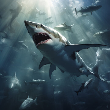 group of great white sharks swimmings underwater