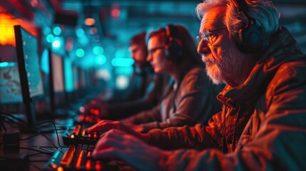 Fototapeta premium Senior male and female friends playing game on computers in gaming center