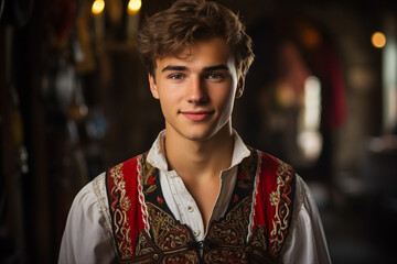 Fototapeta premium Generative AI picture photo of attractive nice ukrainian man in traditional embroidered national clothes