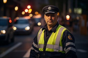 Obraz premium Young man woman working as police officer or cop closeup portrait blurred city background Generative AI