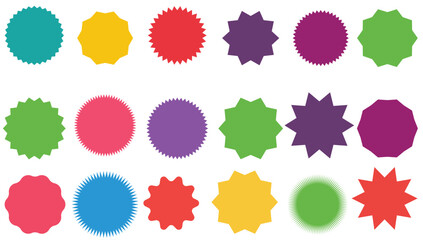 Set of vector starburst, sunburst badges. Simple flat style Vintage labels. Design elements. Colored stickers. A collection of different types and colors icon. eps 10