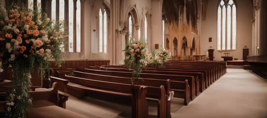 Tranquil Church Adorned with Flowers for a Wedding Ceremony