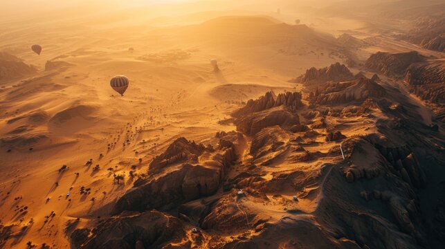Wide angle shot of family and friends Smiling on a hot air balloon ride over the Moroccan desert.