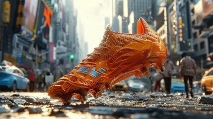 A closeup shot of an orange soccer shoes on the ground in city  Square