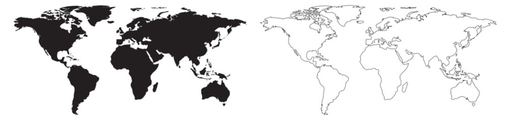 World map on isolated background. Blank outline map of World. Similar black world map for infographic. Vector illustration. - obrazy, fototapety, plakaty