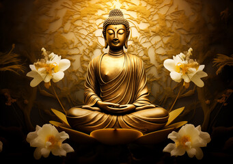 Buddha statue with flowers and leafs on light background.