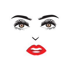 Beautiful woman face with red lips vector. Fashion model face close up, vector illustration. Beautiful woman face Eyebrow eyelashes sexy lips. EPS10.